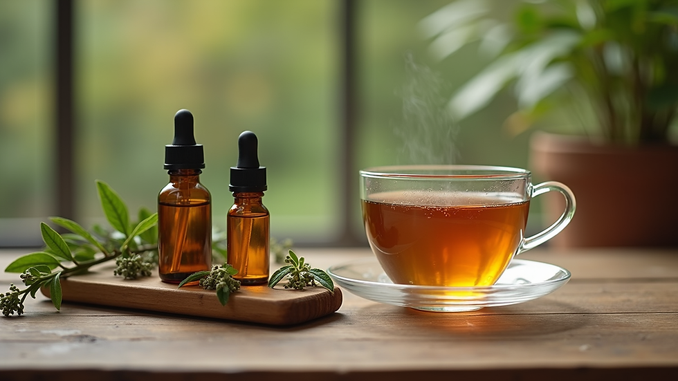 Eye-level view of a wooden table with herbal teas and natural remedies