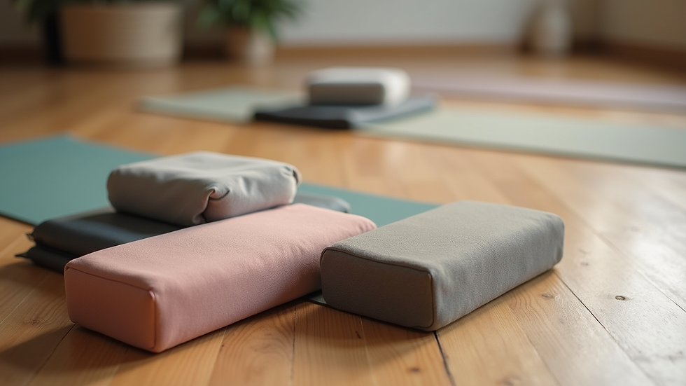 Close-up view of yoga props including blocks and cushions arranged neatly on a wooden floor