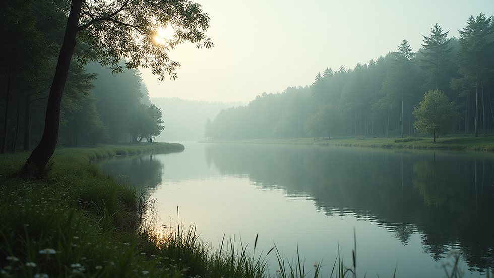 Eye-level view of a serene nature scene with a calm lake and surrounding trees