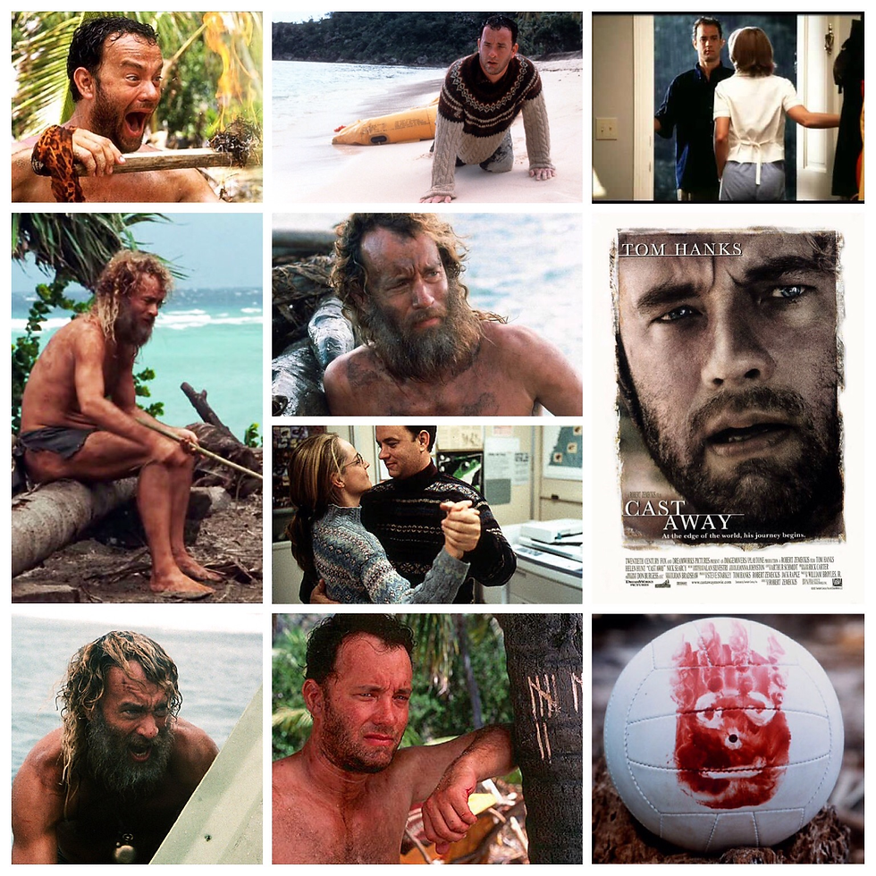 Collage aus dem Film "Cast Away", das die Einsamkeit und das Überleben von Chuck Noland auf einer verlassenen Insel zeigt, während der Volleyball Wilson zu seinem einzigen Gefährten wird.
