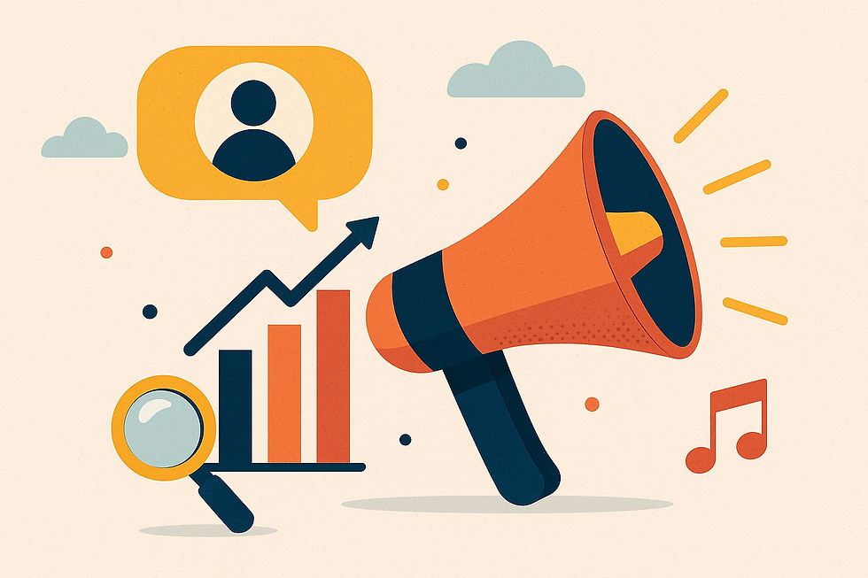 Illustration of a megaphone, growth chart, magnifying glass, and a person icon on a beige background, suggesting communication and analysis.