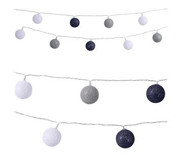 LED Cotton Ball Garland - Black, Grey & White