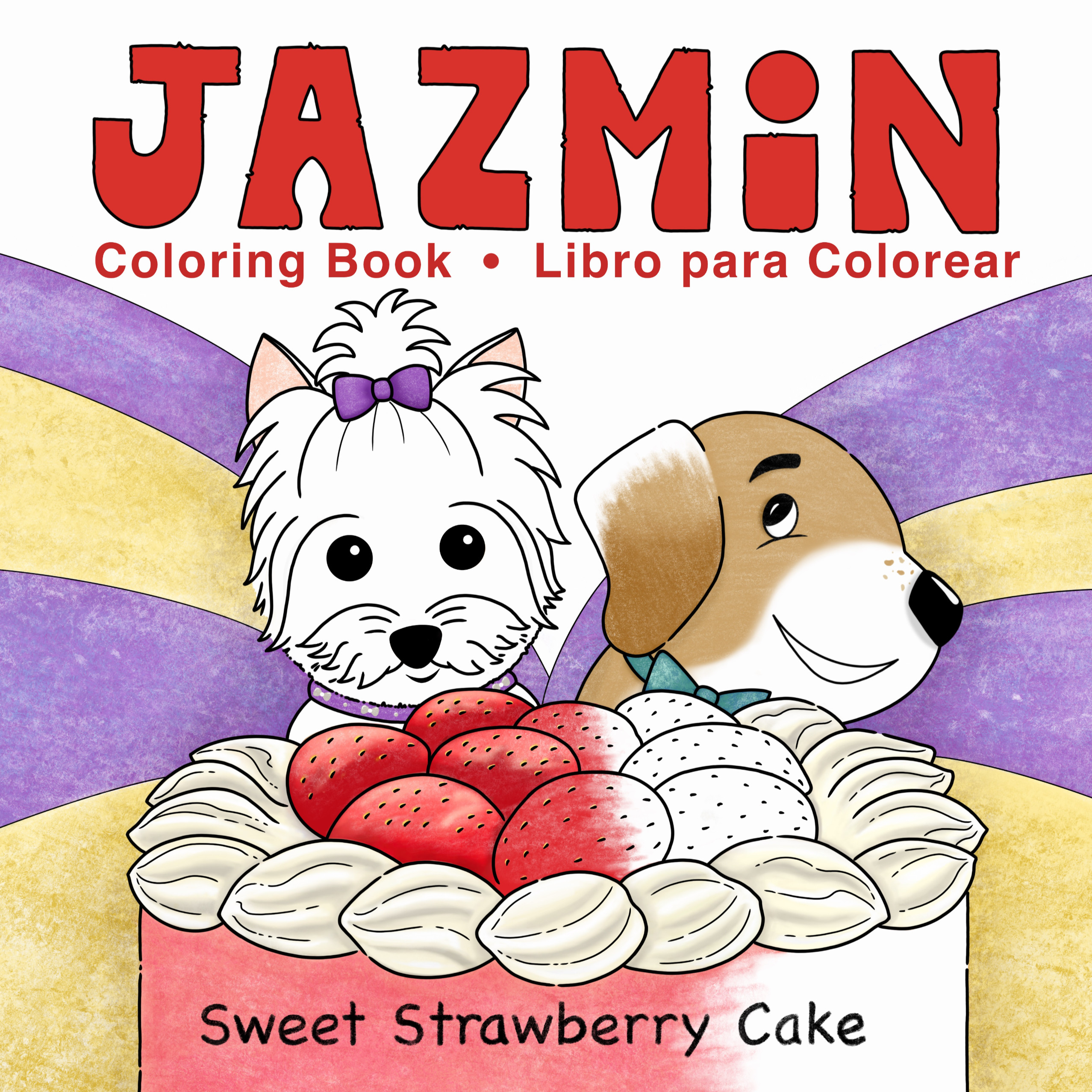 Jazmin the yorkie and Otto behind a strawberry cake, all the image is half colored