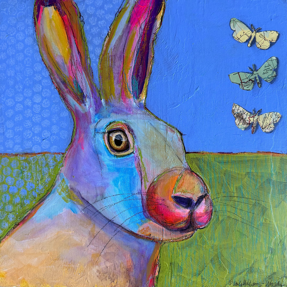 Boldly colored front of hare with moths