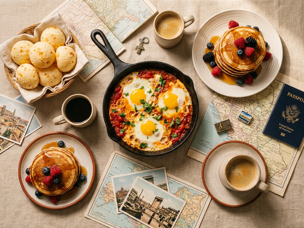 A spread of breakfast dishes from around the world
