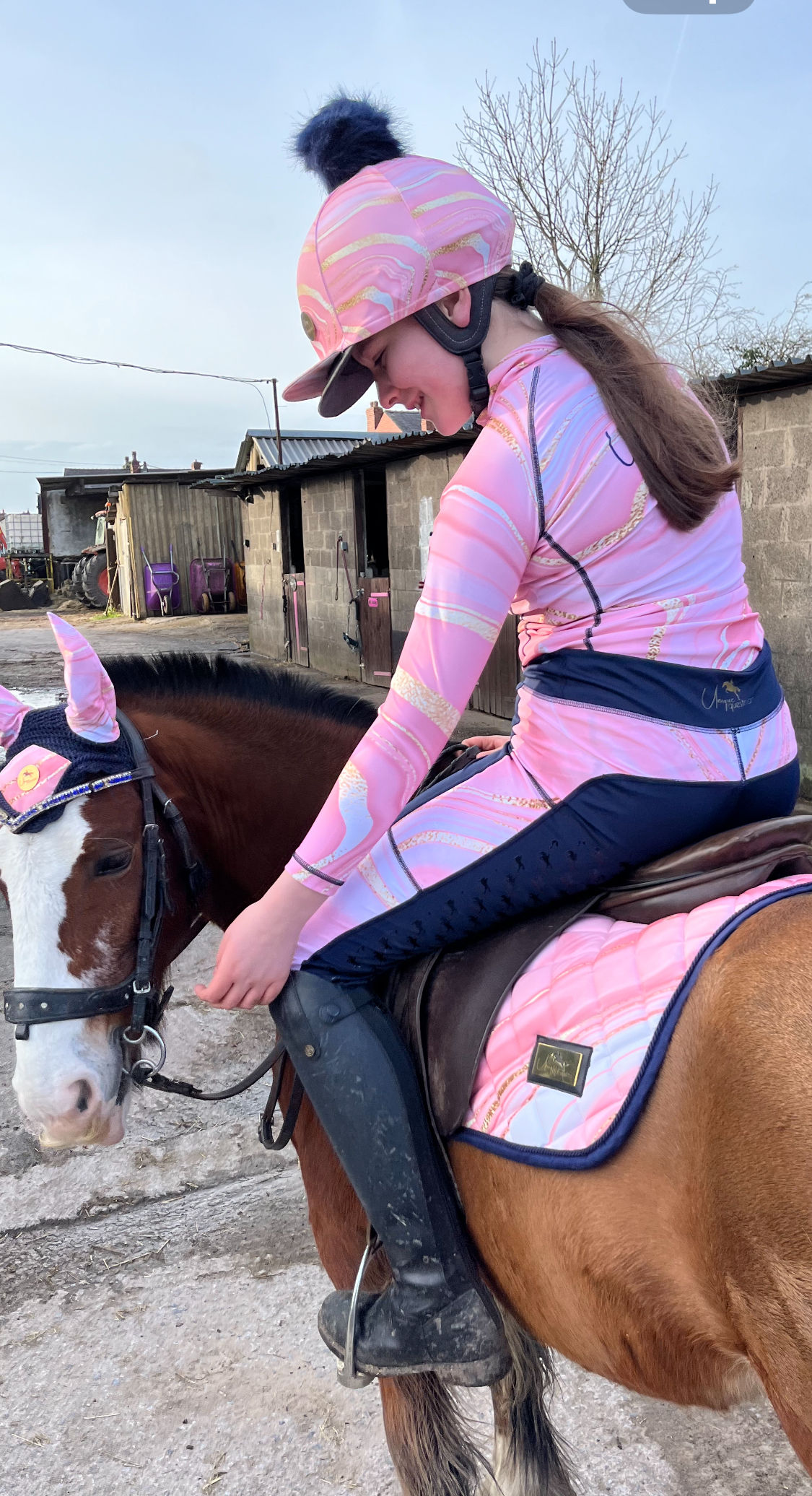 Children's Pink Marble Design Full Matchy Horse Riding Set