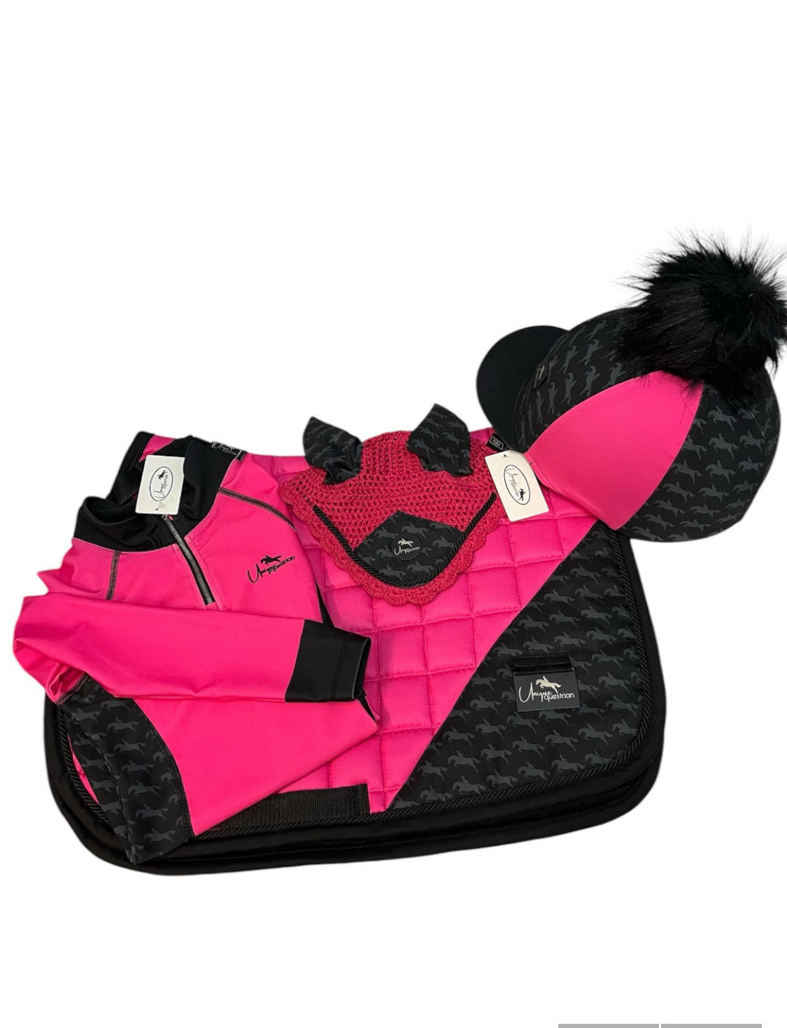 Hot Pink/Black Set with Horse Design,  Baselayer, Pad Ears & Hat Silk - Option 1