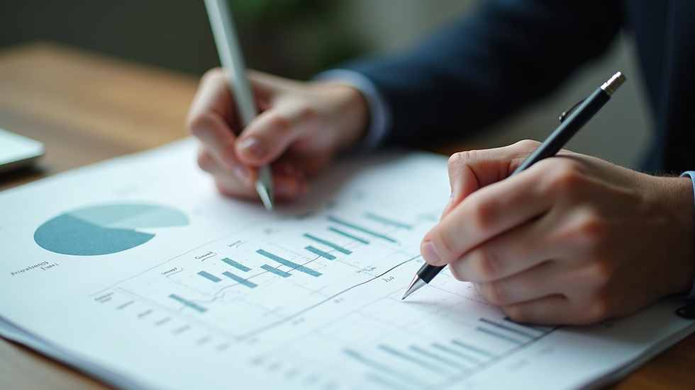 High angle view of a person writing notes on a business growth plan