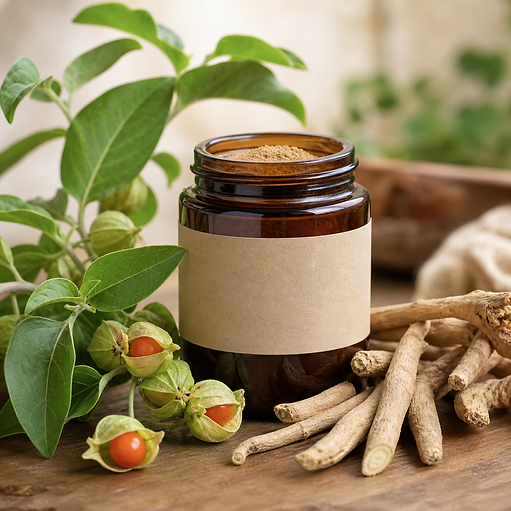 Ashwagandha root with powder and leaves, representing a 2026 study on menopausal symptoms
