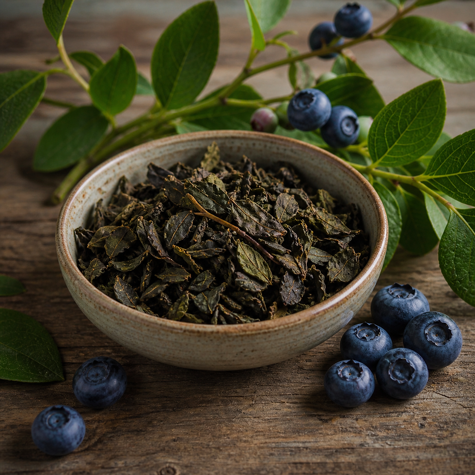 Tasse fermentierter Heidelbeer‑Blatt‑Tee neben frischen Heidelbeeren als Symbol für eine Schlafstudie 2026