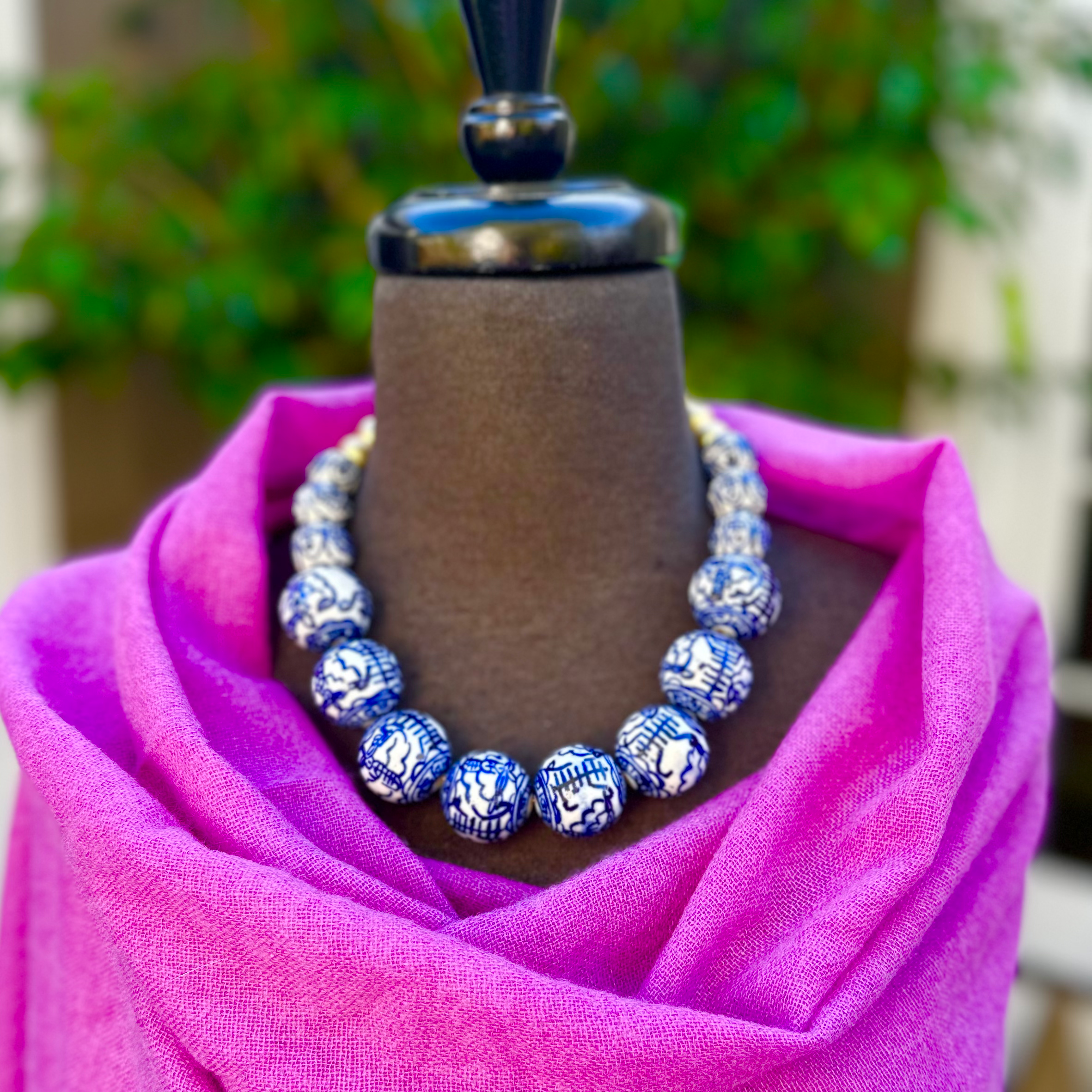 blue and white porcelain large bead necklace