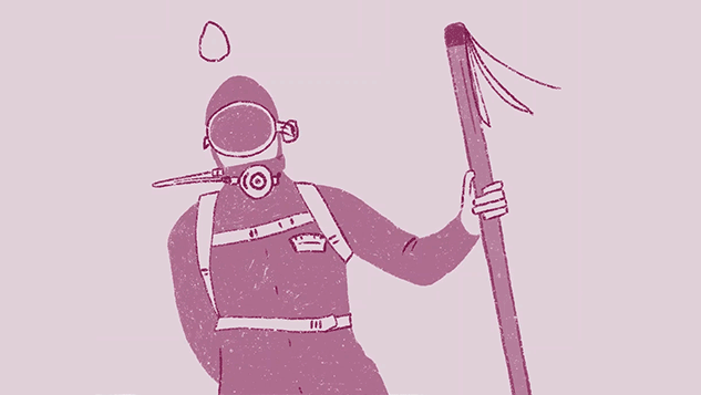 Looping gif of an purple animated diver. Bubbles rise from their breathing apparatus.
