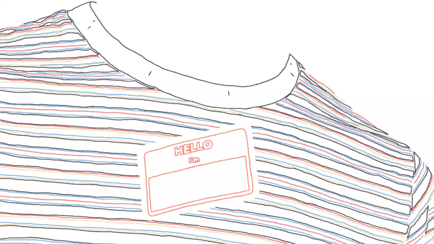 A looping gif showing a clip from a hand-drawn animation. The clip cuts quickly between minimalist, colourful outline drawings of various t-shirts and shirts. Stuck onto these shirts, and remaining in a consistent position throughout their changes is a red label which reads: 'hello i'm' with a blank space where a name would normally be filled in by the wearer.