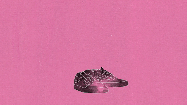 A looping gif showing an animation. On a painted pink background - which moves with the changing brush strokes - a pair of trainers walks off screen. The trainers are white outlined, and filled with a black ink.
