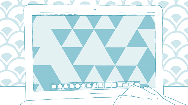 A looping gif showing an animated clip of a computer screen opening an internet browser. On the screen is a series of geometric patterns where images and videos would be on the web browser. There is a hand in front of the computer screen scrolling the page up and down. Behind the computer screen is a repeating wall paper pattern.