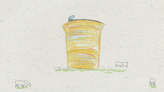 A looping gif showing a colourful, pencil drawn animation of a large, yellow yoghurt pot surrounded by much smaller cows. Some cows are standing, some lying down, and some walking. The lid of the yoghurt pot is being peeled off by an invisible force.