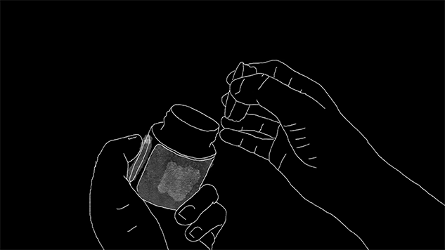 A looping gif showing a clip from a hand drawn animation. On a black background, hands - outlined in white - knock pills out of a bottle into the right hand's palm, the hand tips the excess back into the bottle and then screws the bottle's cap back on.