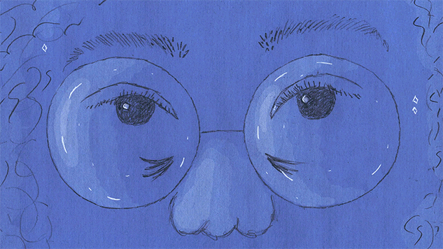 A looping gif showing a clip from a pencil drawn animation. The frame is a close up of a girl's face, on a dark blue background, with white highlights. The girl has curly hair, large circular rimmed glasses which dominate her face, and tired marks under her eyes. She blinks once.