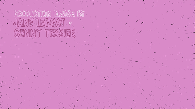 A looping gif showing a clip of a hand-drawn animation. On a speckled pink background, a paint roller moves up the screen over words from a film's credits, which read: 'Production design by Jane Leggat and Genny Tessier'. The paint roller covers parts of the words, leaving only some letters visible, and rolls back off the bottom edge of the frame.