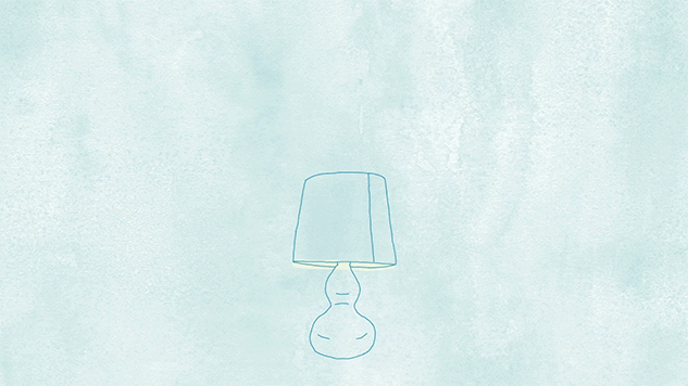 A looping gif showing a hand-drawn animation. An outline of a blue lamp on a blue, ink textured background. There is a yellow glow of light coming from underneath the lamp shade. An arm, drawn in a similar style and filled in with a blue ink texture, reaches out a turns the lamp off.