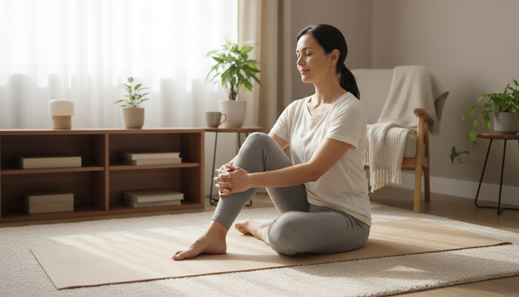 Eye-level view of a person gently stretching their knee on a yoga mat.