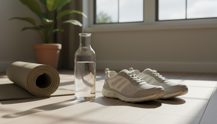 Wide-angle view of supportive walking shoes beside a water bottle on a wooden floor.