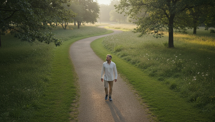 High-angle view of a person walking on a quiet park path with relaxed posture.