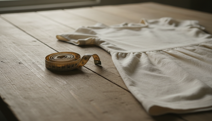 Overhead view of a measuring tape resting beside a simple cotton dress