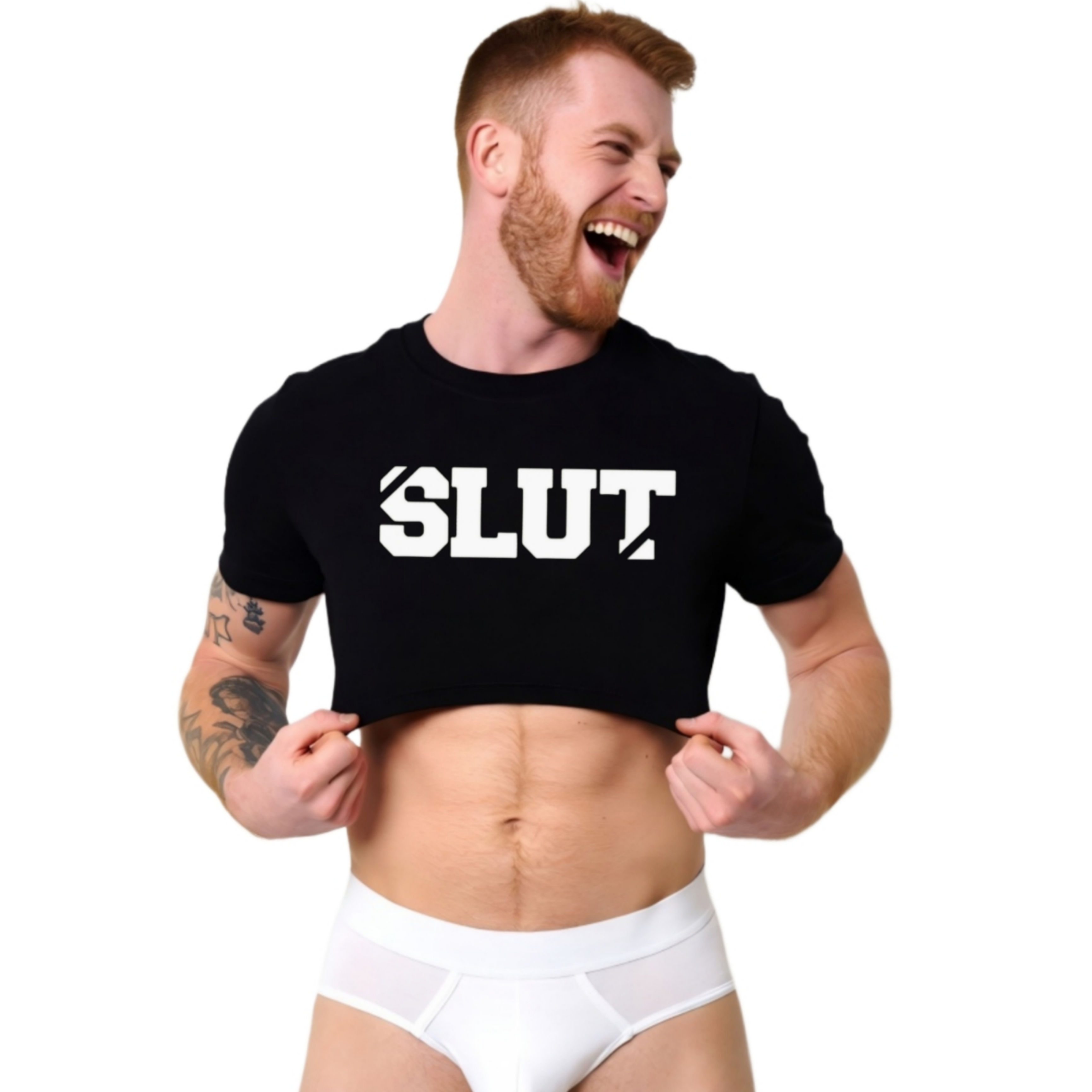 SLUT printed JOCK Tribe Crop- Black