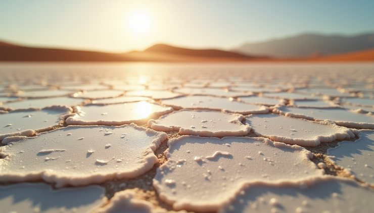 Close-up view of salt crusts and cracked soil in a desert basin