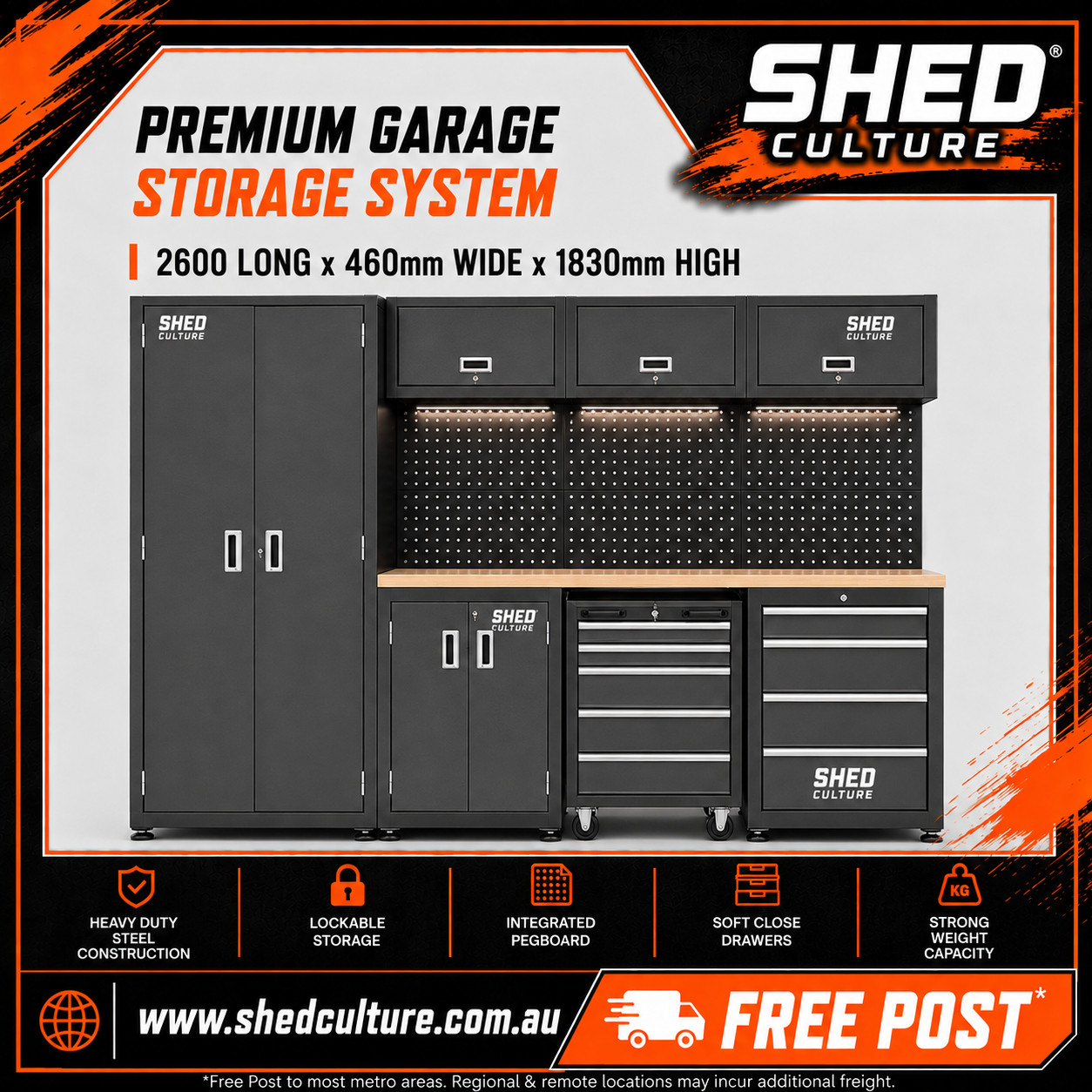 Workshop Tool Bench Cabinet Kit | 2600 x 460 x 1830mm | Shed Culture Free Post*