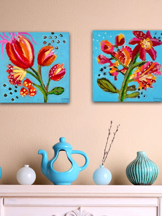 acrylmalerei, Frühlingsblumen auf Leinwand, 30x30cm, von Susanne Kurwig