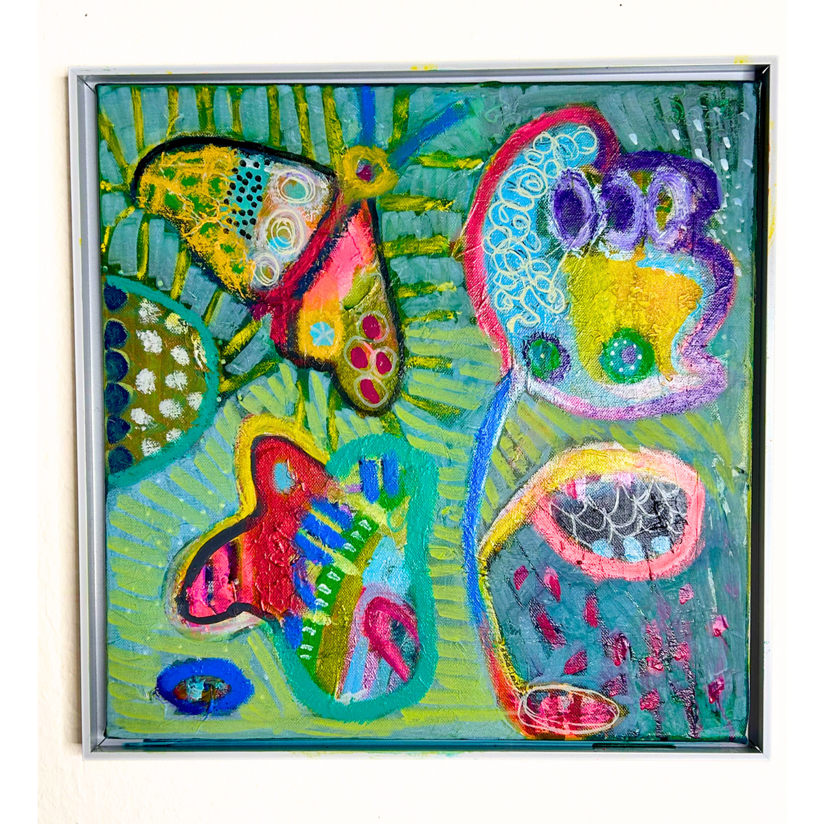 Mixedmedia auf Leinwand, 40x40cm, gerahmt "Wilde Gartenblumen mit Schmetterling", Susanne Kurwig