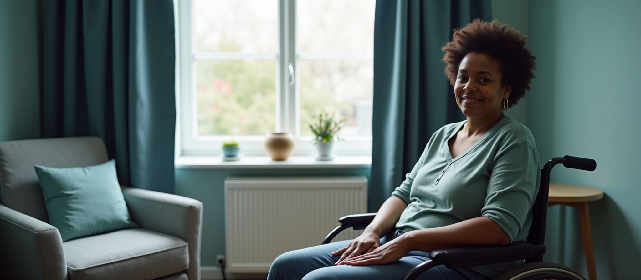 A woman sits in a wheelchair in a front room in from of 3 plants sitting on a windowsill.  Caption reads Benefits Information Lets see if we can maximise your income.