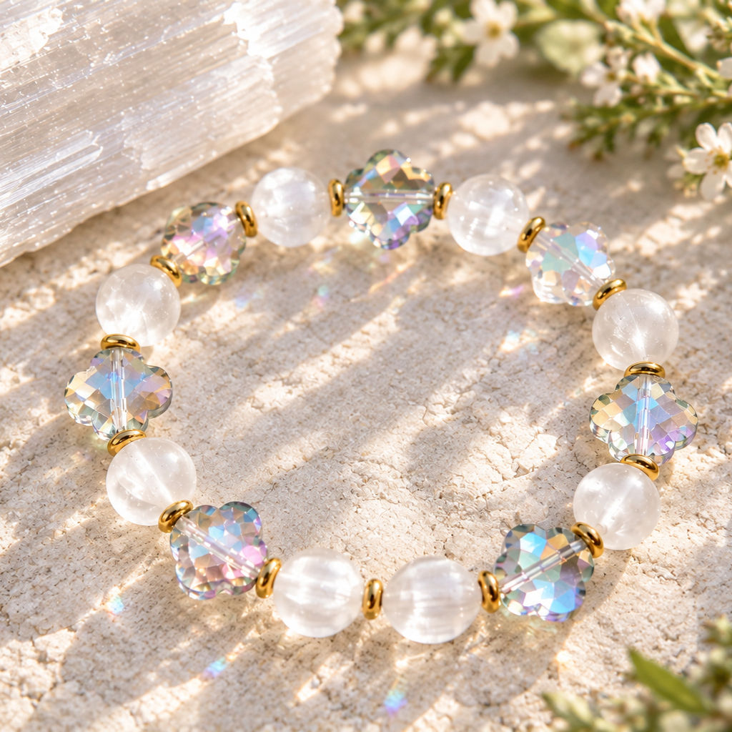 Guided by Light Selenite and Clover Bracelet