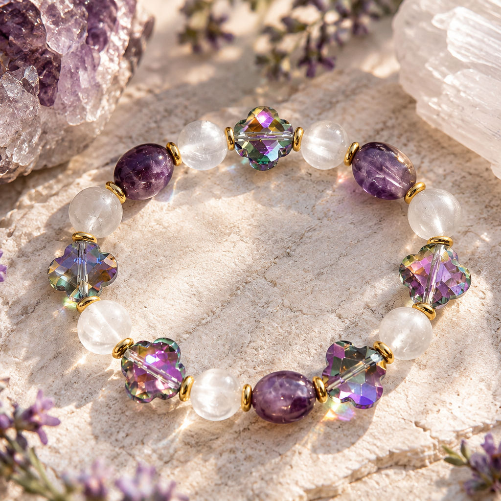 Guided by Grace Selenite, Amethyst and Iridescent Clover Bracelet