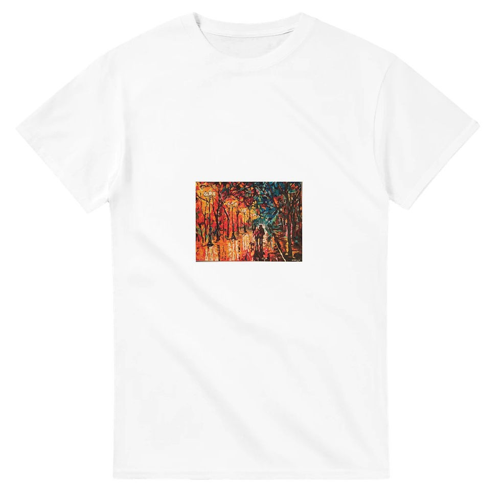 Thumbnail: Vibrant Night Walk T-Shirt: Abstract Street Scene in Fiery Hues