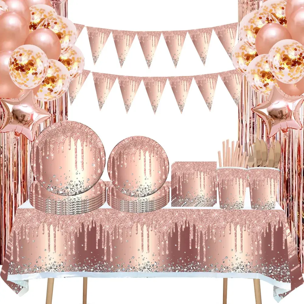 Baptism Center Rose Gold Glitter Party Tableware – Pink Disposable Plates, Cups