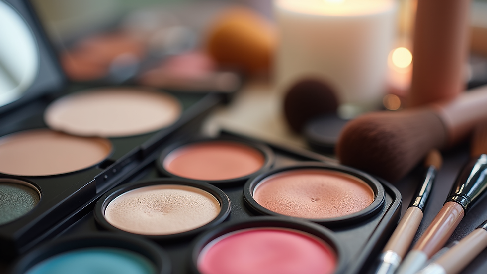Close-up view of makeup brushes and cosmetics arranged neatly