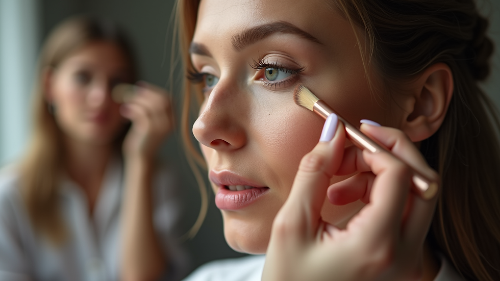 Eye-level view of a makeup artist applying foundation on a client