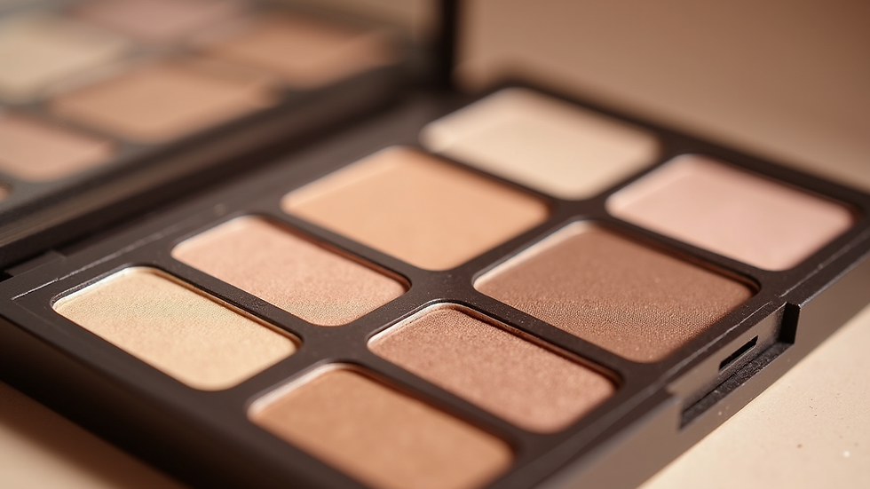 Close-up view of a makeup palette with neutral and warm tones