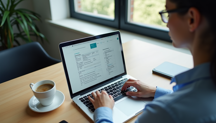 High angle view of a billing manager reviewing telehealth claims reports on a laptop