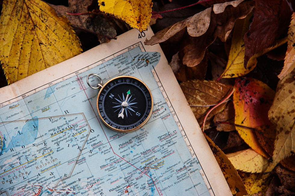 Compass sitting on the corner of a folding map, that in turn is sitting on a bed of brown leaves. Alex2Cents.com