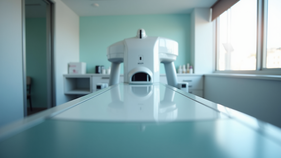 Eye-level view of a sleek aesthetic laser platform in a modern clinic