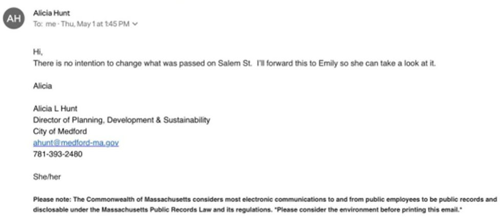 email reply from Alicia Hunt