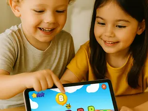 Dos niños juegan al abecedario en la app Kidduca 3D en una tablet. Juego Montessori interactivo de letras para niños, de RMB Games – Educational Academy.