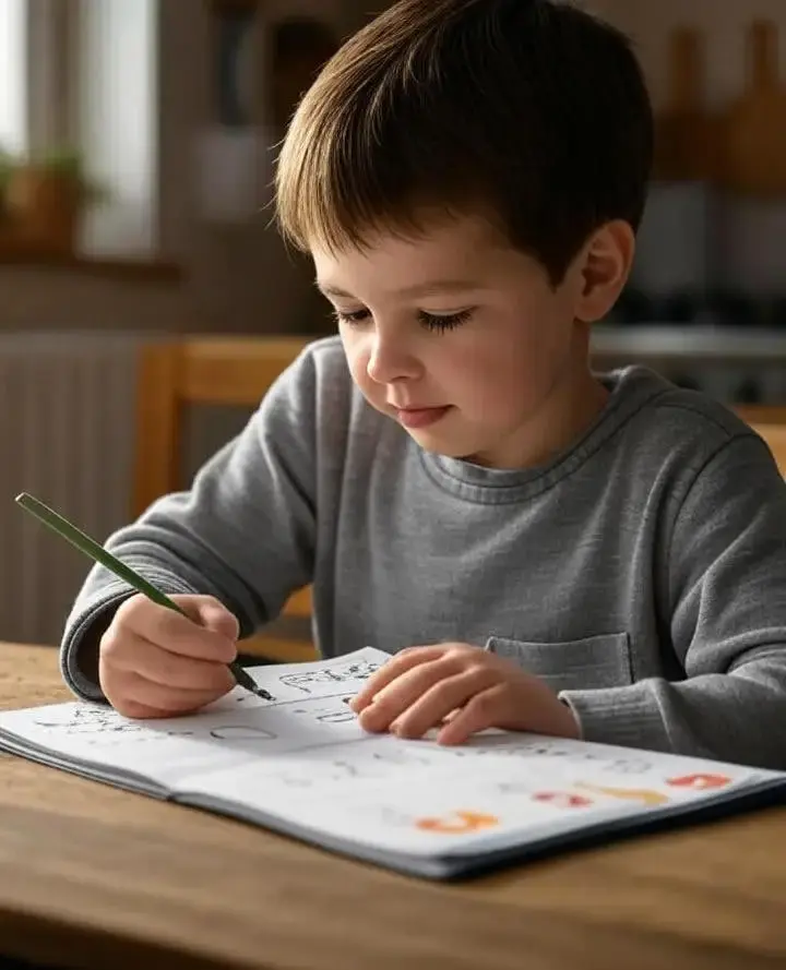 Niño pequeño trazando letras en un cuaderno de actividades ABC. Actividad de aprendizaje inspirada en Montessori de RMB Games – Educational Academy que apoya las habilidades iniciales de escritura y lectoescritura.