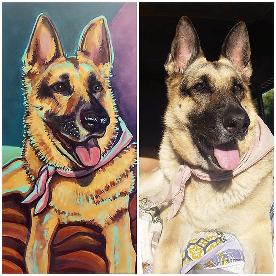 Commissioned German Shepherd painting beside its photo reference
