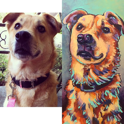 Side-by-side photo and painting of a commissioned dog.