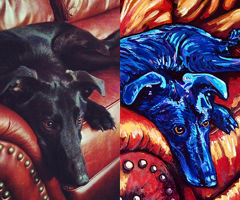Commissioned painting of a black dog on a leather sofa.
